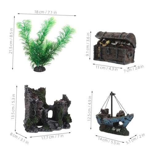 Toyvian 4 Stück Teiliges Aquarium Deko mit Antikem Schloss Schiffswrack Realistischen Wasserpflanzen und Schatztruhe Sicheres Versteck für Fische und Garnelen Resin Aquarium Zubehör für von Toyvian