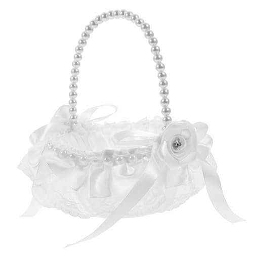 Toyvian Blumenmädchen Korb Weiß mit Perlenhenkel und Spitzenverzierung Eleganter Hochzeitskorb für Blumenmädchen Rustikaler Blumenkorb mit Schleife Handliches Accessoire für Hochzeit und von Toyvian