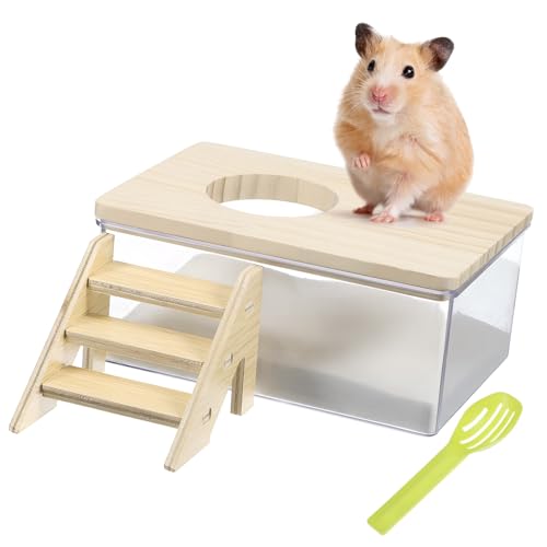 Toyvian Chinchilla Sandbad mit Holzleiter und Schaufel Transparenter Sandkasten für Hamster und Kleine Kleintiere Robustes Sandbad Zubehör für Sicheres Baden und Einfache von Toyvian