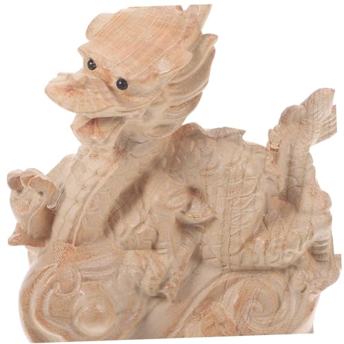 Toyvian Holz Drachen Statue Chinesische Holzschnitzerei Tischdekoration Feng Shui Skulptur Langlebiges Dekoratives Deko Ornament für Zuhause Büro von Toyvian