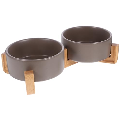 Toyvian Keramik Doppelnapf mit Holzständer Rutschfestes Hunde und Katzenfutternapf Langlebig Leicht zu Reinigen Mittlere Modernes Design für Haustierfütterung und Wasserversorgung von Toyvian
