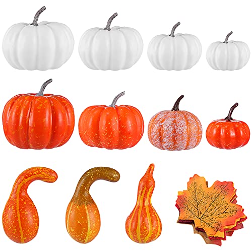 Toyvian Künstliche Kürbisse für Dekoration- 12PCS Mini Gefälschte Kürbisse mit 50PCS Lebensechte Maple Blätter- Künstliche Gemüse für Halloween Danksagung Dekorationen von Toyvian