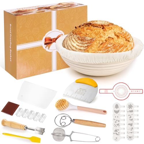 Toyvile 10-teilig Gärkorb Brot Set, 23cm Gärkörbchen zum Brotbacken, Sauerteig Starter Set, Brot Backen Zubehör zum Teigschneider, Leineneinsatz, Teigrührer & Brot Lame, Gärkörbchen Rund für Anfänger von Toyvile