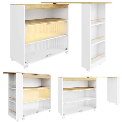 360° Drehbarer Bartisch,Moderner Ausziehbarer Bartisch,Stehtisch Bistrotisch für Esszimmer, Mit LED(Einstellbare Farbe),138-204 cm,Esstisch Mit Stauraum,White von TozMvi