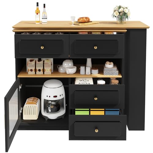 Ausziehbarer Bartisch mit Stauraum(125-181×39×104.5cm), 360° drehbare Essbar,Moderner Beweglicher Bar Table,Hochtisch Kücheninsel Bistro Table, Sideboardschrank mit Regalen und Glas,Black von TozMvi