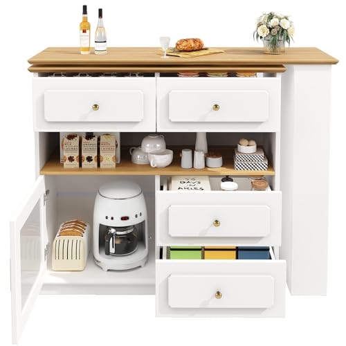 Ausziehbarer Bartisch mit Stauraum(125-181×39×104.5cm), 360° drehbare Essbar,Moderner Beweglicher Bar Table,Hochtisch Kücheninsel Bistro Table, Sideboardschrank mit Regalen und Glas,White von TozMvi