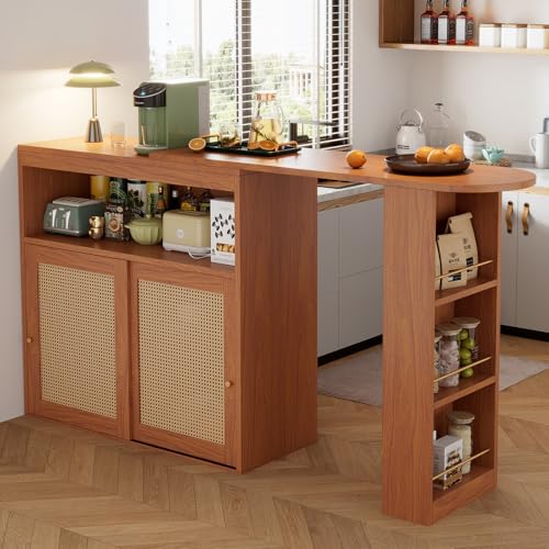 Ausziehbarer Bartisch mit Stauraum, Rattangeflecht auf den Türfronten,verstellbare Ablagen,Stehtisch Bistrotisch Hochtisch Kücheninsel Küchentisch klein Hausbar (138-193×39×104cm) von TozMvi