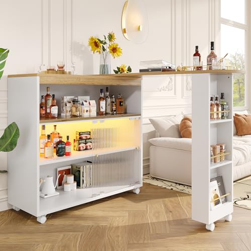 Ausziehbarer Bartisch mit Stauraum,Moderner Beweglicher Bar Table, Teleskopischer Bartisch mit LED, Stehtisch Bistrotisch Hochtisch Kücheninsel Bistro Table,(138-204×39×105 cm),White von TozMvi