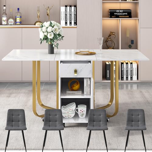 Essgruppe,(Set,150×80×76cm Esstisch mit 4 Stühlen), Klappbarer Küchentisch Set, Leinen Esszimmerstuhl,Polsterstuhl Design Stuhl mit Rückenlehne,MDF Tischplatte in Weißer,A von TozMvi