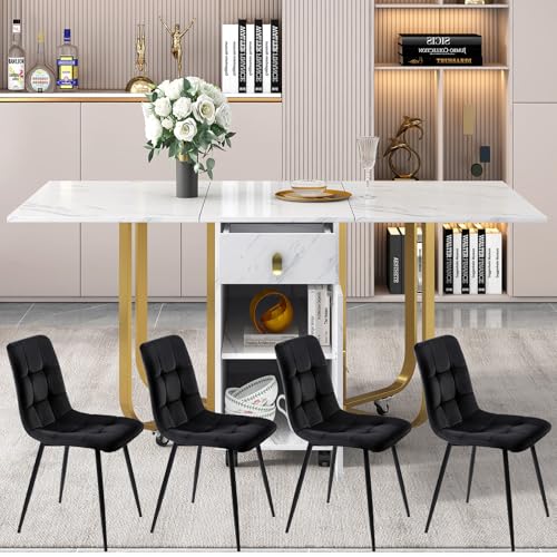 Essgruppe,(Set,150×80×76cm Esstisch mit 4 Stühlen), Klappbarer Küchentisch Set, Leinen Esszimmerstuhl,Polsterstuhl Design Stuhl mit Rückenlehne,MDF Tischplatte in Weißer,B von TozMvi