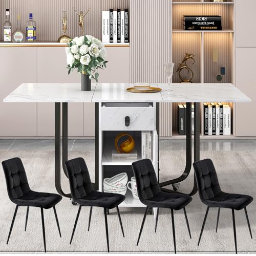 Essgruppe,(Set,150×80×76cm Esstisch mit 4 Stühlen), Klappbarer Küchentisch Set, Leinen Esszimmerstuhl,Polsterstuhl Design Stuhl mit Rückenlehne,MDF Tischplatte in Weißer,C von TozMvi