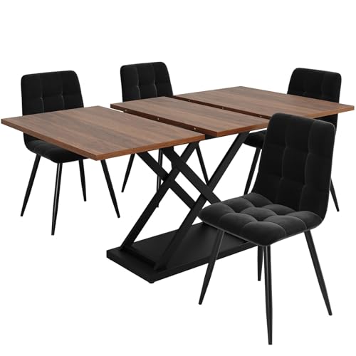 Essgruppe Ausziehbarer Esstisch mit 4 Stühlen Set für 4 Personen, Esszimmertisch mit Eisenbeinen, Nussbaumfarbener Esstisch 160×80×75 cm mit Schwarz Samt Esszimmerstühle,Walnut Essgruppe Ausziehbarer Esstisch mit 4 Stühlen Set für 4 Personen, Esszimmertisch mit Eisenbeinen, Nussbaumfarbener Esstisch 160×80×75 cm mit Schwarz Samt Esszimmerstühle,Walnut von TozMvi