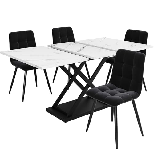 Essgruppe Ausziehbarer Esstisch mit 4 Stühlen Set für 4 Personen, Esszimmertisch mit Eisenbeinen, Nussbaumfarbener Esstisch 160×80×75 cm mit Schwarz Samt Esszimmerstühle,White Essgruppe Ausziehbarer Esstisch mit 4 Stühlen Set für 4 Personen, Esszimmertisch mit Eisenbeinen, Nussbaumfarbener Esstisch 160×80×75 cm mit Schwarz Samt Esszimmerstühle,White von TozMvi