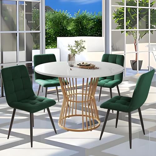 Esstisch-Set (5-teilig), Esstisch-Set mit 4 Stühlen, Küchentisch-Set, runder Esstisch mit 100 cm Durchmesser und Metallbeinen, weiße MDF-Tischplatte (Esszimmerstühle aus Samt),4GreenChairs-A von TozMvi
