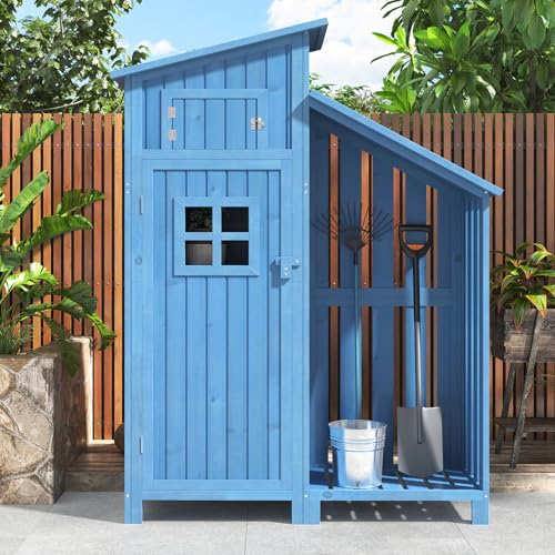 Gerätehaus Holz Geräteschuppen Für Gärten Im Freien, Gartenschrank Gartenhaus Gartenhütte Gerätehäuser Schuppen Klein 124x46x174 Cm,Mit 2 Ablagen, Pvc Dach,Blue von TozMvi