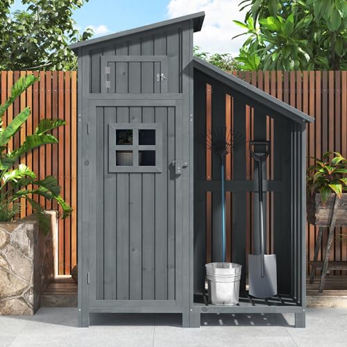 Gerätehaus Holz Geräteschuppen Für Gärten Im Freien, Gartenschrank Gartenhaus Gartenhütte Gerätehäuser Schuppen Klein 124x46x174 Cm,Mit 2 Ablagen, Pvc Dach,Grey von TozMvi