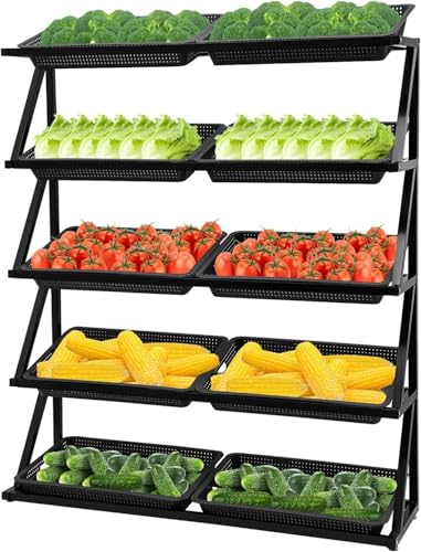 Gewerblicher Supermarkt-Regal-Organizer Für Obst Und Gemüse, 4/5-Stufiges Einzelhandels-Ausstellungsregal, Marktregal, Snack-Ausstellungsständer, Mit 8/10 Körben,Black-5Tier von TozMvi