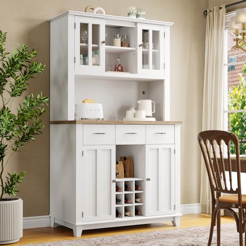 Großer Küchenschrank, Buffetschrank Mit Verstellbaren Einlegeböden, 9 Weinfächern Und 3 Schubladen, Hohes Sideboard Aus Holz Für Wohnzimmer Und Büro,White von TozMvi