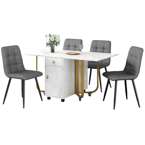 Klappbarer Esstisch mit Aufschrank und Schubladen,Klappbarer Küchentisch Set,150×80×76cm Esstisch mit 4 Stühlen,MDF Tischplatte in Weißer,Modernes Küchentisch-Set,A von TozMvi