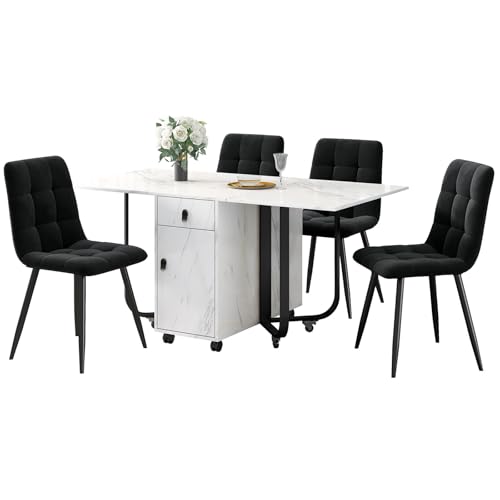 Klappbarer Esstisch mit Aufschrank und Schubladen,Klappbarer Küchentisch Set,150×80×76cm Esstisch mit 4 Stühlen,MDF Tischplatte in Weißer,Modernes Küchentisch-Set,C von TozMvi