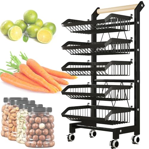 Kommerzieller Supermarkt-Regal-Organizer Für Obst Und Gemüse, 5-Stufiges Verkaufsregal, Marktregal, Küchen-Aufbewahrungswagen Auf Rädern, Snackregal, Obstkorb,Black von TozMvi