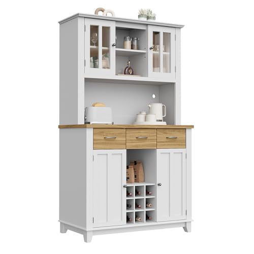 Küchenschrank Hochschrank Küchenbuffet Vitrinenschrank Buffetschrank Sideboard mit Weinregal Schubladen LED-Beleuchtung,106 * 40 * 179.5 cm,Natural+White von TozMvi