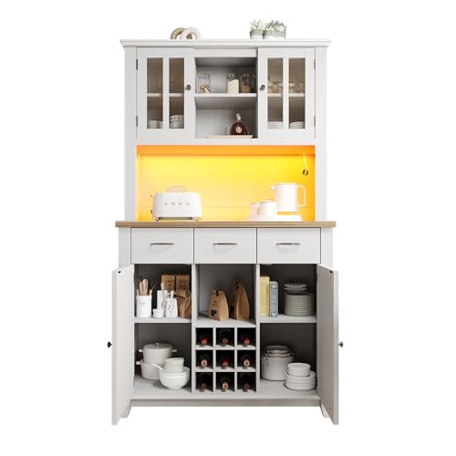 Küchenschrank Hochschrank Küchenbuffet Vitrinenschrank Buffetschrank Sideboard mit Weinregal Schubladen LED-Beleuchtung,106 * 40 * 179.5 cm,White von TozMvi