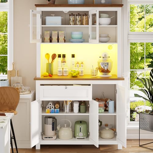 Küchenschrank Vitrinenschrank mit LED-Licht, Buffetschrank Küchenschränke mit Regal und Türen für Küche, Mehrzweckschrank Hochschrank mit Ablagen und Schubladen,C von TozMvi