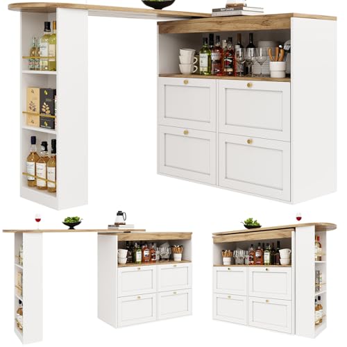 Moderner Bartisch mit Stauraum, Ausziehbar 360° Drehbare Bartisch mit 4 Schubladen und Offene Ablagen, Ausziehbarer Esstisch mit Regal, Stehtisch Bistrotisch Hausbar Theke,White von TozMvi