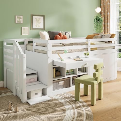 Multifunktionales Kinderbett aus Holz, mit Treppe und Stauraum, Treppen/Schränke links und rechts austauschbar, Schubladen umdrehbar und als Schreibtisch nutzbar, 90 * 200, weiß von TozMvi