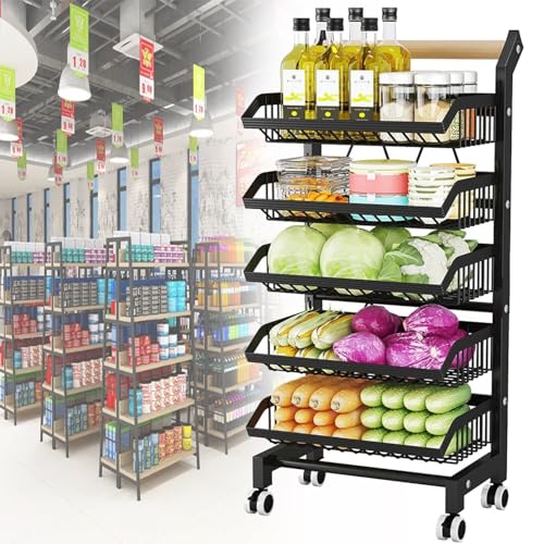 Obstkorb-Küchenwagen, Verkaufsständer Für Den Einzelhandel, 5-Stufiger Verstellbarer Obst- Und Gemüsekorbwagen, Kommerzieller Obst- Und Gemüseständer Mit Rädern,Black von TozMvi