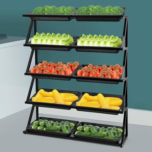 Regal Für Die Aufbewahrung Von Einkaufskörben, Ständer Für Obst- Und Gemüsekörbe, Snack-Korbständer-Set, 4/5-Lagige Snack-Aufbewahrungswagen, Gemüse-Organizer,Black-5Tier von TozMvi