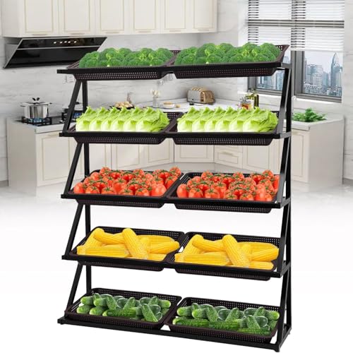 Regal Für Die Aufbewahrung Von Einkaufskörben, Ständer Für Obst- Und Gemüsekörbe, Snack-Korbständer-Set, 4/5-Lagige Snack-Aufbewahrungswagen, Gemüse-Organizer,Brown-5Tier von TozMvi