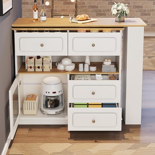 Rollbare Kücheninsel, Küchenschrank Mit 4 Schubladen, Kaffeebar, Boden-Sideboard-Buffet Für Wohnzimmer, Esszimmer, Badezimmer, Tragbare Inseln Für Die Küche,White von TozMvi