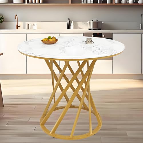 Runder Esstisch (1 Stück), Küchentisch, einzigartiges Metallgestell, Esstisch aus modernem Marmormuster, geeignet für Esszimmer, Wohnzimmer MDF marmorierte Tischplatte,80x80x76cm,Gold von TozMvi