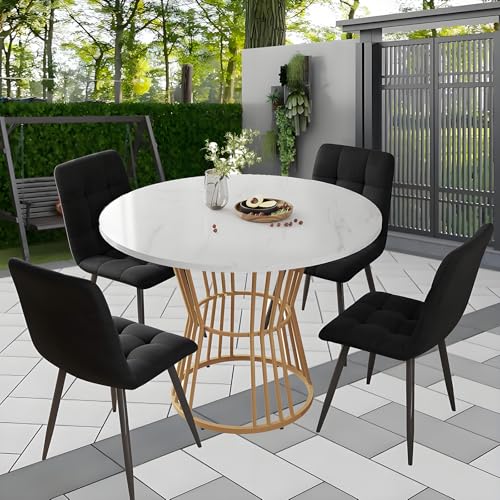 Rundes Esstisch-Set Für 4 Personen, Bauernhaus-Esstisch Mit Robustem Metallfuß, Modernes Kreisförmiges 5-Teiliges Esstisch-Set, Runder Küchentisch Mit 4 Stühlen,4BlackChairs-A von TozMvi