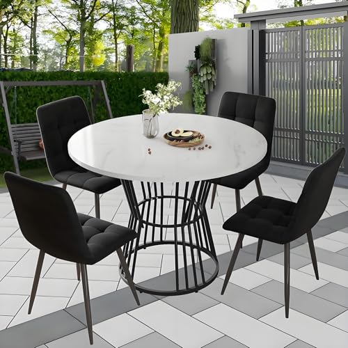 Rundes Esstisch-Set Für 4 Personen, Bauernhaus-Esstisch Mit Robustem Metallfuß, Modernes Kreisförmiges 5-Teiliges Esstisch-Set, Runder Küchentisch Mit 4 Stühlen,4BlackChairs-B von TozMvi
