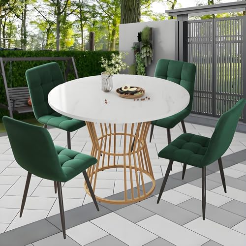 Rundes Esstisch-Set Für 4 Personen, Bauernhaus-Esstisch Mit Robustem Metallfuß, Modernes Kreisförmiges 5-Teiliges Esstisch-Set, Runder Küchentisch Mit 4 Stühlen,4GreenChairs-A von TozMvi