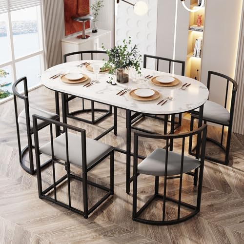 Sechs-Stuhl Esstischset,Esszimmergruppe mit Esstisch und 6 Essstühlen, Esstisch mit 6 Stühlen Set, Moderner Küchentisch Set, Esszimmertisch und Stuhlset,Black von TozMvi
