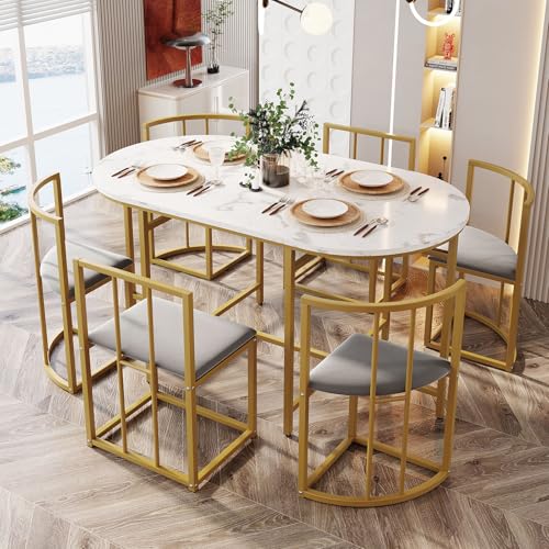 Sechs-Stuhl Esstischset,Esszimmergruppe mit Esstisch und 6 Essstühlen, Esstisch mit 6 Stühlen Set, Moderner Küchentisch Set, Esszimmertisch und Stuhlset,Gold von TozMvi