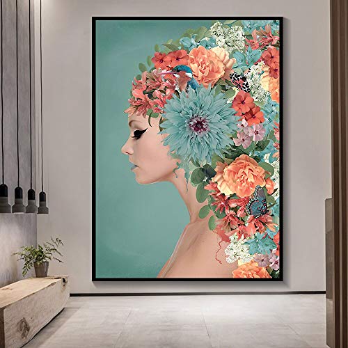 Tpqoaa Premium Leinwanddruck Kunstdruck Auf Leinwand Bunter Blumen-Frauenkopf 60x90cm abstrakt Leinwanddruck Kunstdruck Wandbild von Tpqoaa