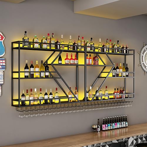 Moderne wandmontierte Weinlagerung, 2/3-stufig Wandmontiertes Weinregal mit LED-Licht Modern Metall Weinflasche und Glashalter Eisen Display Ständer Dekorative Weinregal Mit Glashalter Für Home Bar Di von Tqertrtfxa