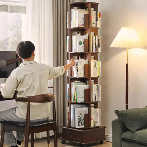 Tqertrtfxa 5-lagiges drehbares Bücherregal mit Rädern,vertikales Bücherregal aus Massivholz mit Schubladen,360 ° unabhängiges Bücherregal, Bücherregal für Zuhause(6th Floor) von Tqertrtfxa