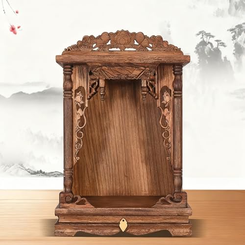 Tqoiozxa An der Wand montierter Buddha-Altar aus Massivholz, Nische für im Haushalt, Mini-Buddha-Schrein mit Schublade für Pooja und Räucherstäbchen-Tribut(Walnut,Small) von Tqoiozxa