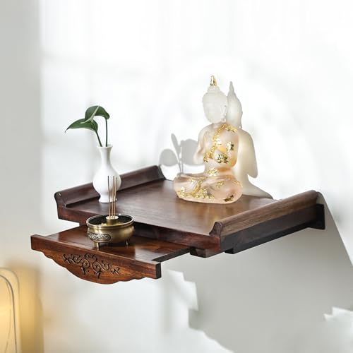 Tqoiozxa Buddha-Altarregal, Wandmontage für Avalokitesvara-Anbetungstisch, Nische für Buddha-Altarschrank aus Holz für den Haushalt, mit Schublade, für Pooja und Räucherstäbchen-Tribut(No backrest) von Tqoiozxa