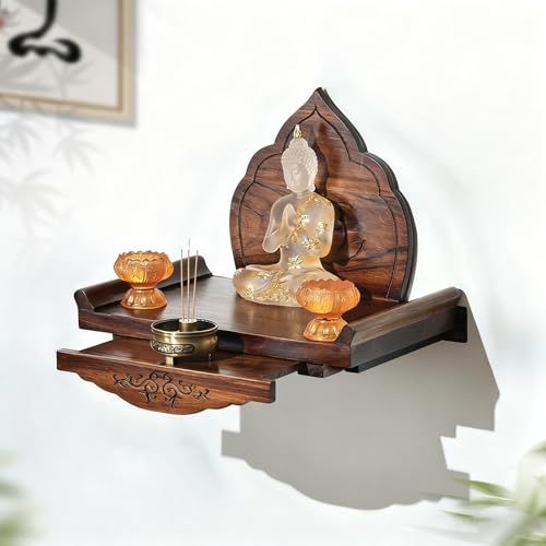 Tqoiozxa Buddha-Altarregal, Wandmontage für Avalokitesvara-Anbetungstisch, Nische für Buddha-Altarschrank aus Holz für den Haushalt, mit Schublade, für Pooja und Räucherstäbchen-Tribut(with backrest) von Tqoiozxa