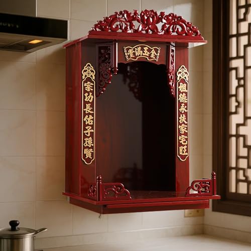 Tqoiozxa Buddha-Regal, Wandschrank aus Holz für den Haushalt, Statuenständer-Nische mit Schublade, Wandmontierter Schrein-Altartisch, für Pooja und Räuchergefäß(B,50CM/19.6IN) von Tqoiozxa