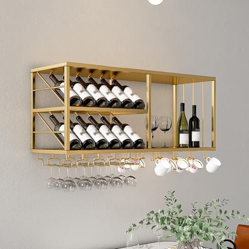 Tqoiozxa Großes, An Der Wand Montiertes Weinregal Aus Eisen, 2-stufige Schwebende Metallregale, Regal Für Spirituosenflaschen Zur Wanddekoration, Großes Schwebendes Bar-Regal(Gold,150cm) von Tqoiozxa