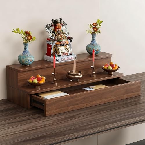 Tqoiozxa Schreibtisch-Buddha-Statue, Schrein-Altartisch, Meditationstisch aus Holztempel,Guan Gong Gott des Reichtums Pagodenregal(Double-Layer with Drawers,100 * 15 * 20cm/39.3 * 5.9 * 7.8in) von Tqoiozxa
