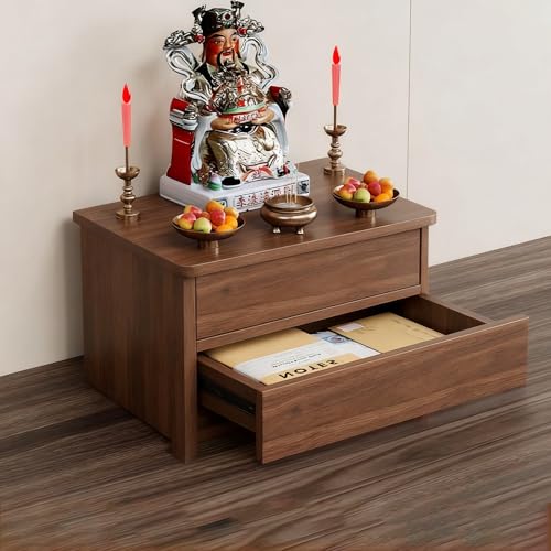 Tqoiozxa Schreibtisch-Buddha-Statue, Schrein-Altartisch, Meditationstisch aus Holztempel,Guan Gong Gott des Reichtums Pagodenregal(Double-Layer with Drawers,40 * 15 * 20cm/15.7 * 5.9 * 7.8in) von Tqoiozxa